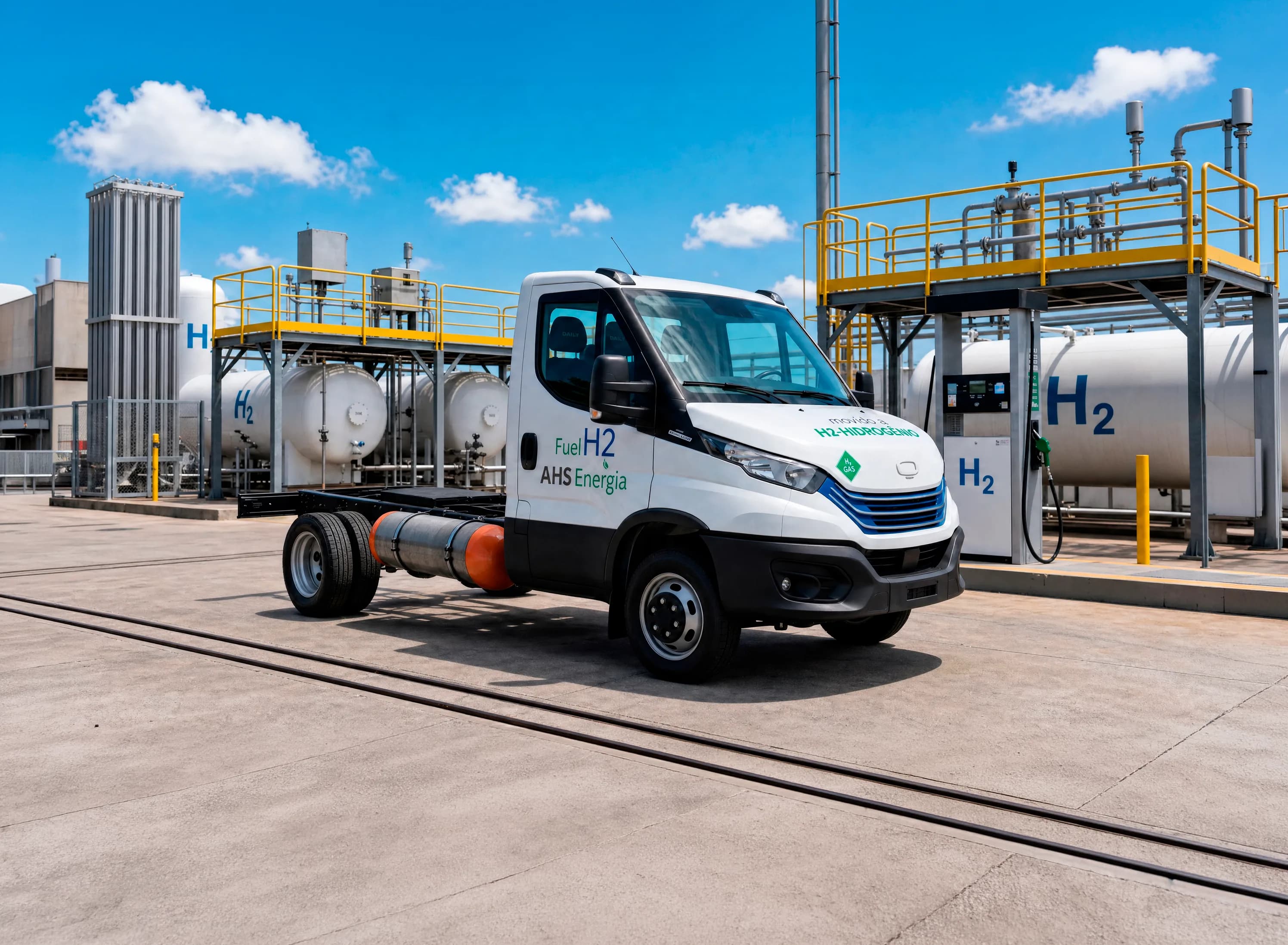 Caminhão da AHS Energia movido a hidrogênio estacionado em base de abastecimento H2, com tanques de armazenamento ao fundo