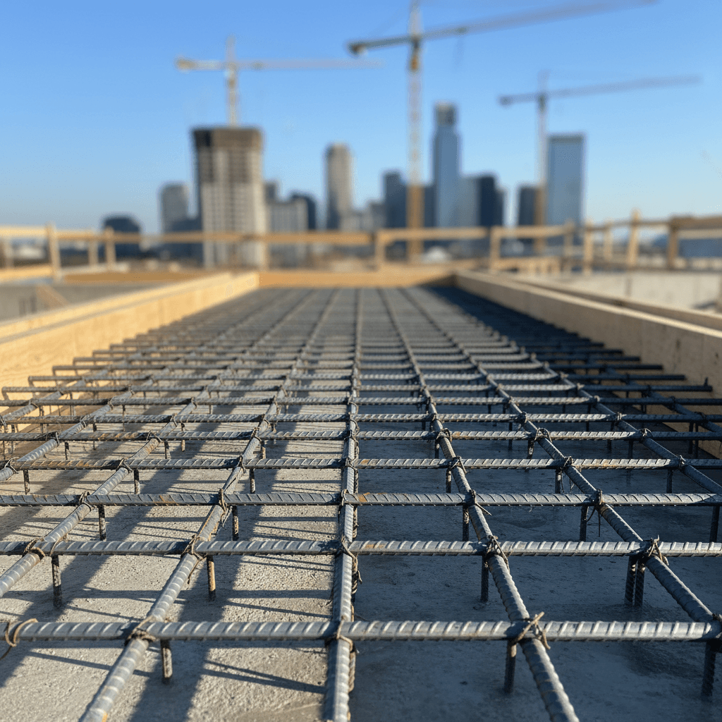Estrutura de vergalhão e aço na construção civil