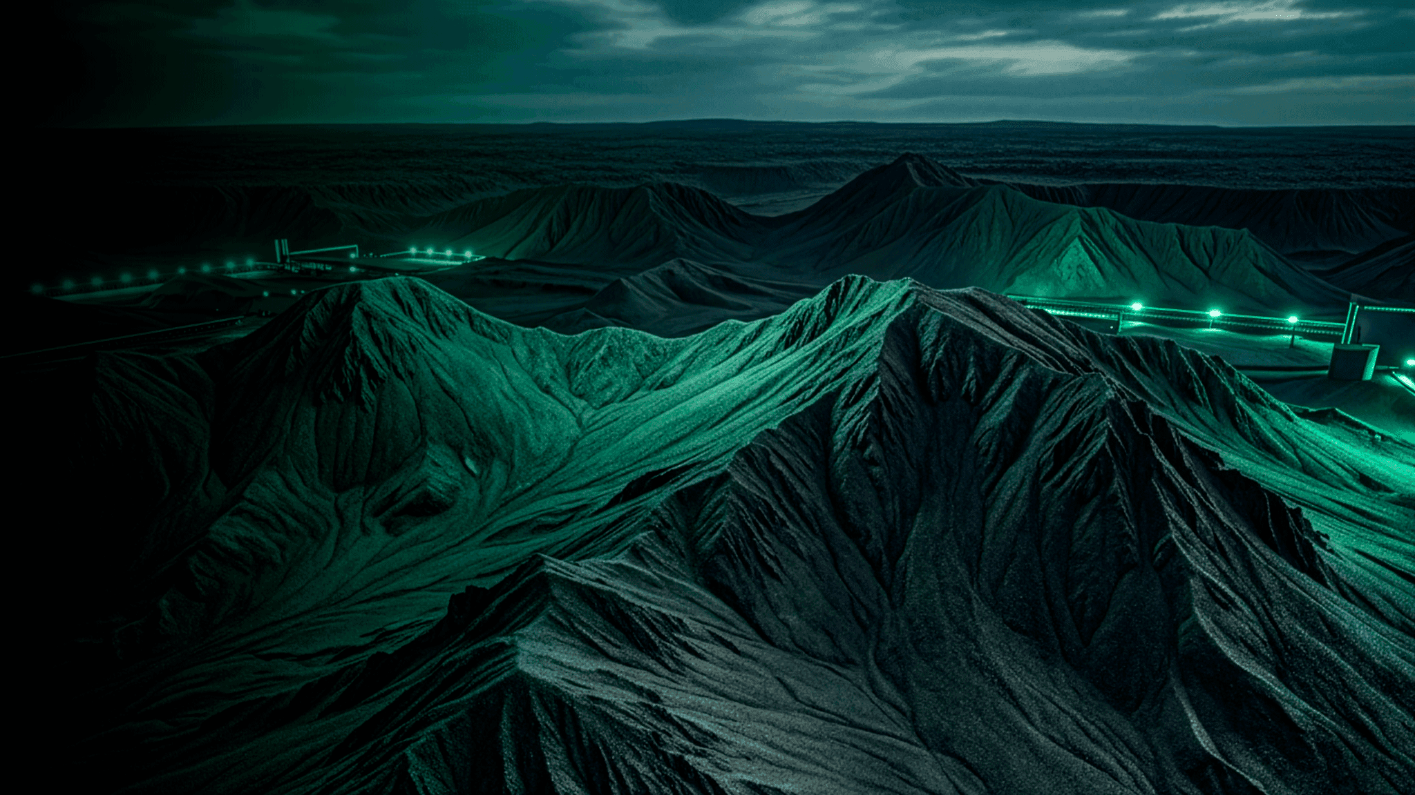 Paisagem massiva de pó de minério de ferro escuro com estética industrial clean.