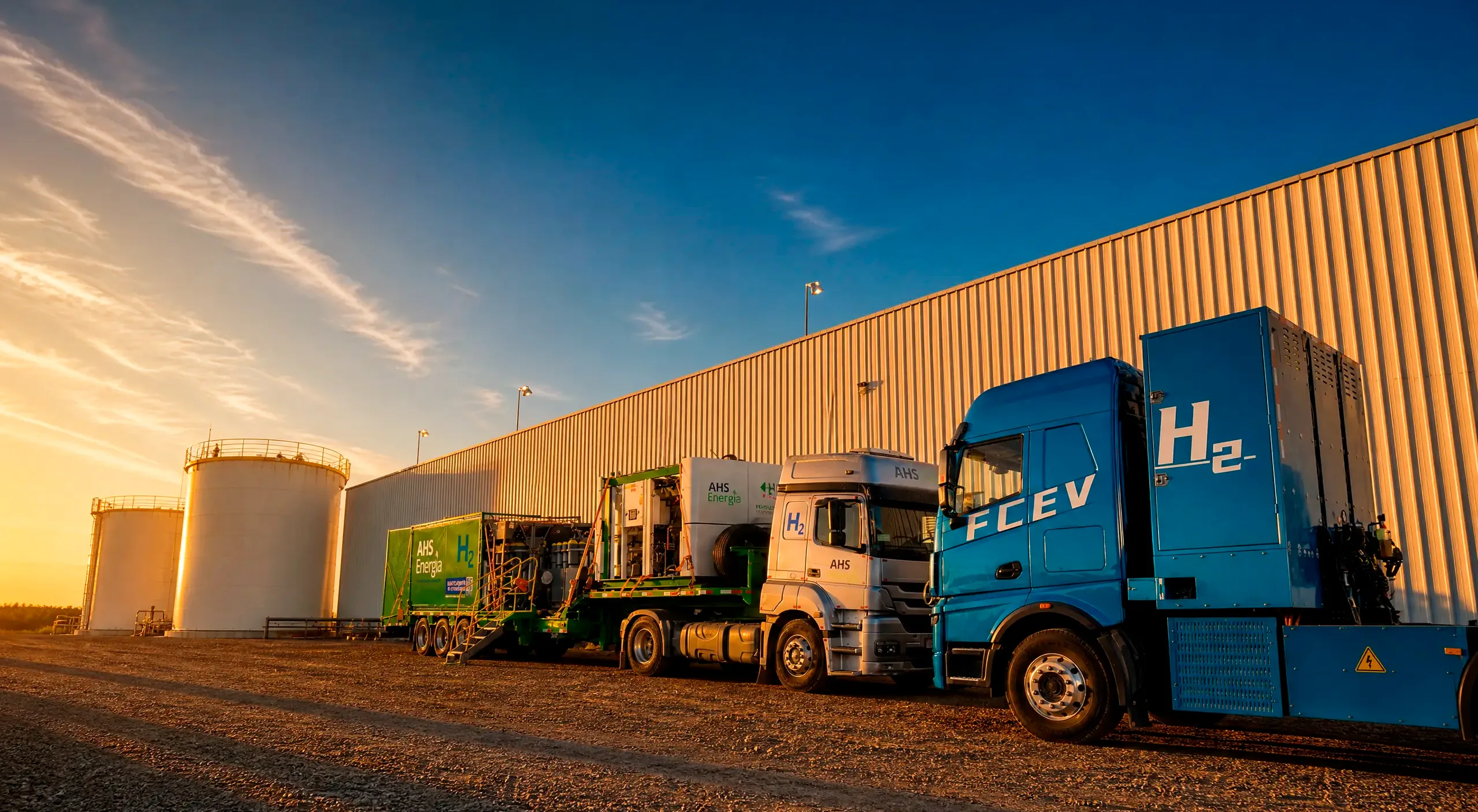 Comboio da AHS Energia ao entardecer: carreta verde com feixe de cilindros "AHS Energia H2", skid de compressão, cavalo mecânico da AHS e o caminhão FCEV azul, diante do galpão industrial e dos tanques de armazenamento