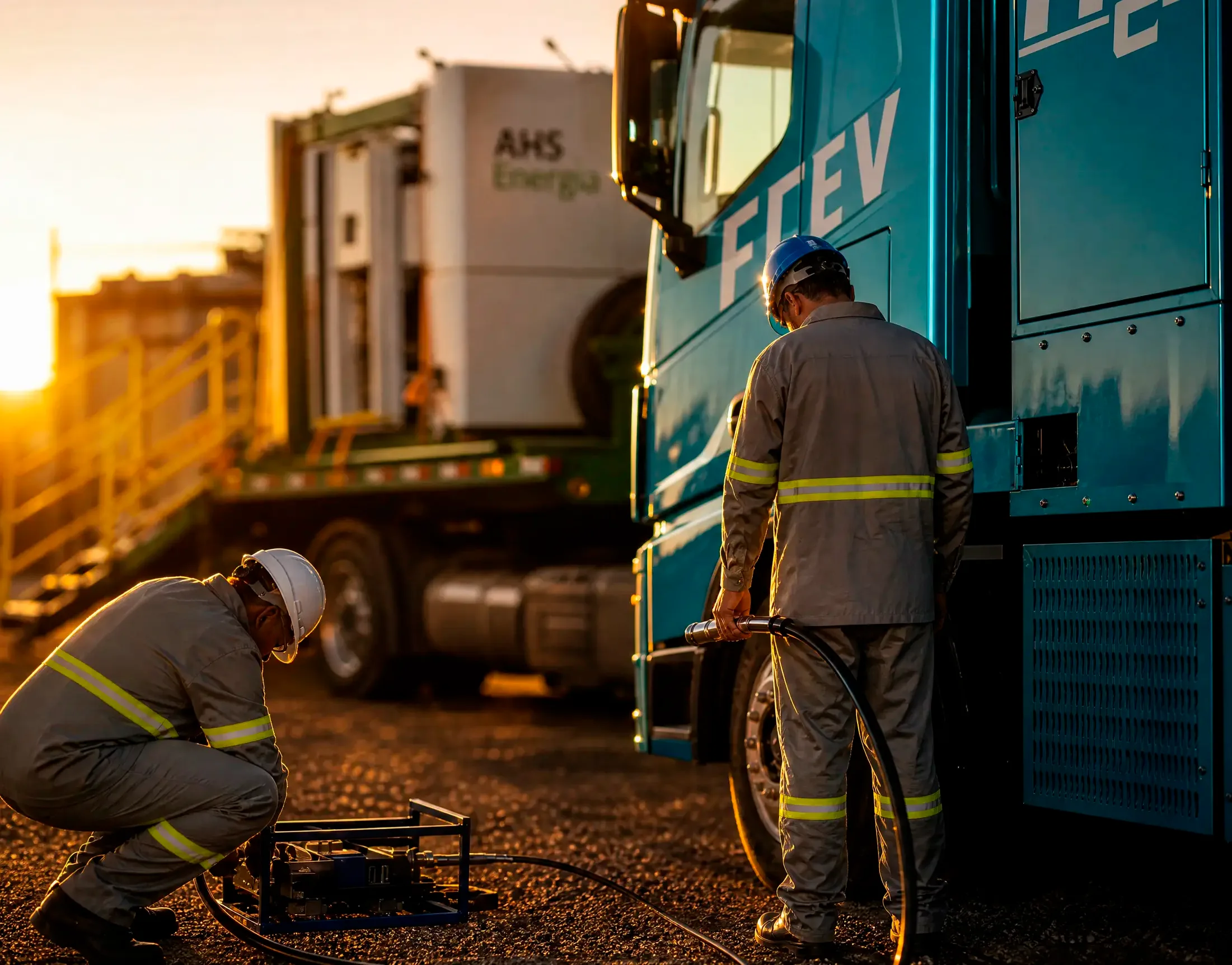 Dois técnicos da AHS Energia durante o abastecimento: um agachado junto à unidade de controle no solo, outro operando o bocal de hidrogênio na lateral do caminhão FCEV