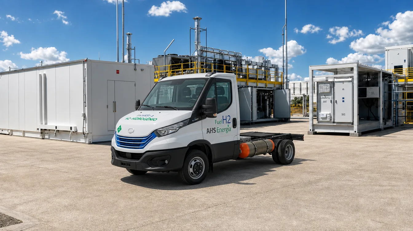 Caminhão da AHS Energia movido a hidrogênio estacionado ao lado de estrutura de geração e armazenamento de H2