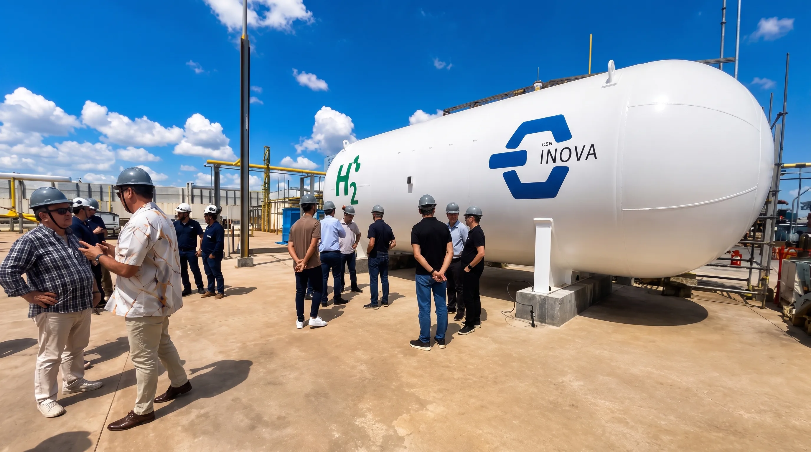 Grupo de visitantes de capacete ao lado de um tanque criogênico com a identificação CSN Inova e o símbolo H2