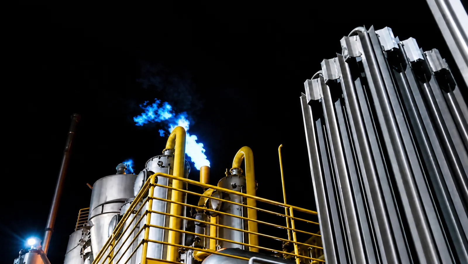 Queima do gás de síntese no flare da usina durante a operação noturna, com a chama azul acima da tubulação amarela